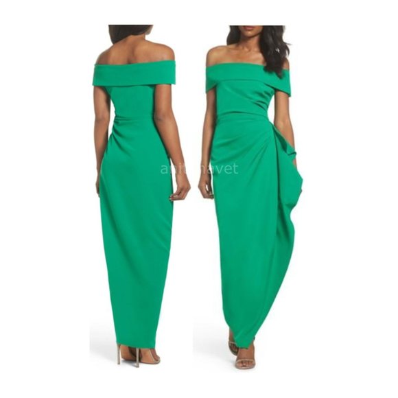 VINCE CAMUTO Off the Shoulder Crepe Column Gown Green Size - Picture 2 of 4